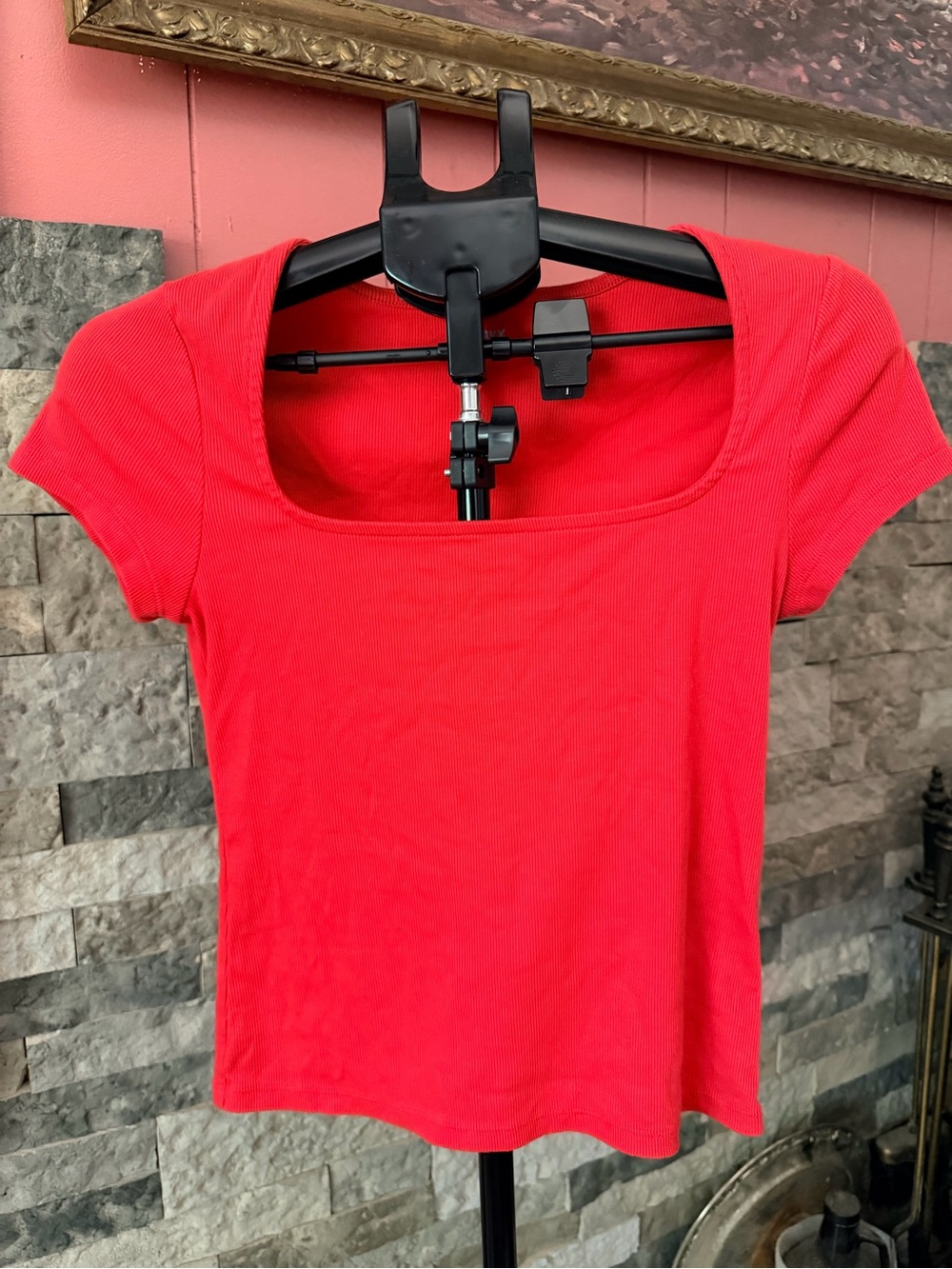 Old Navy Women's Red Ribbed Square Neck Short Sleeve Fitted Tee